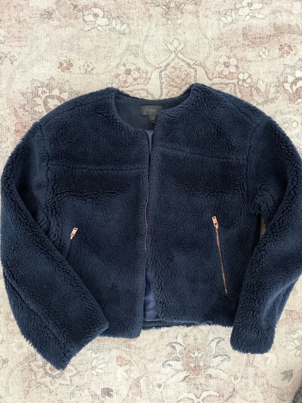 J. Crew Navy Faux Shearling Jacket with Rose Gold Zippers
